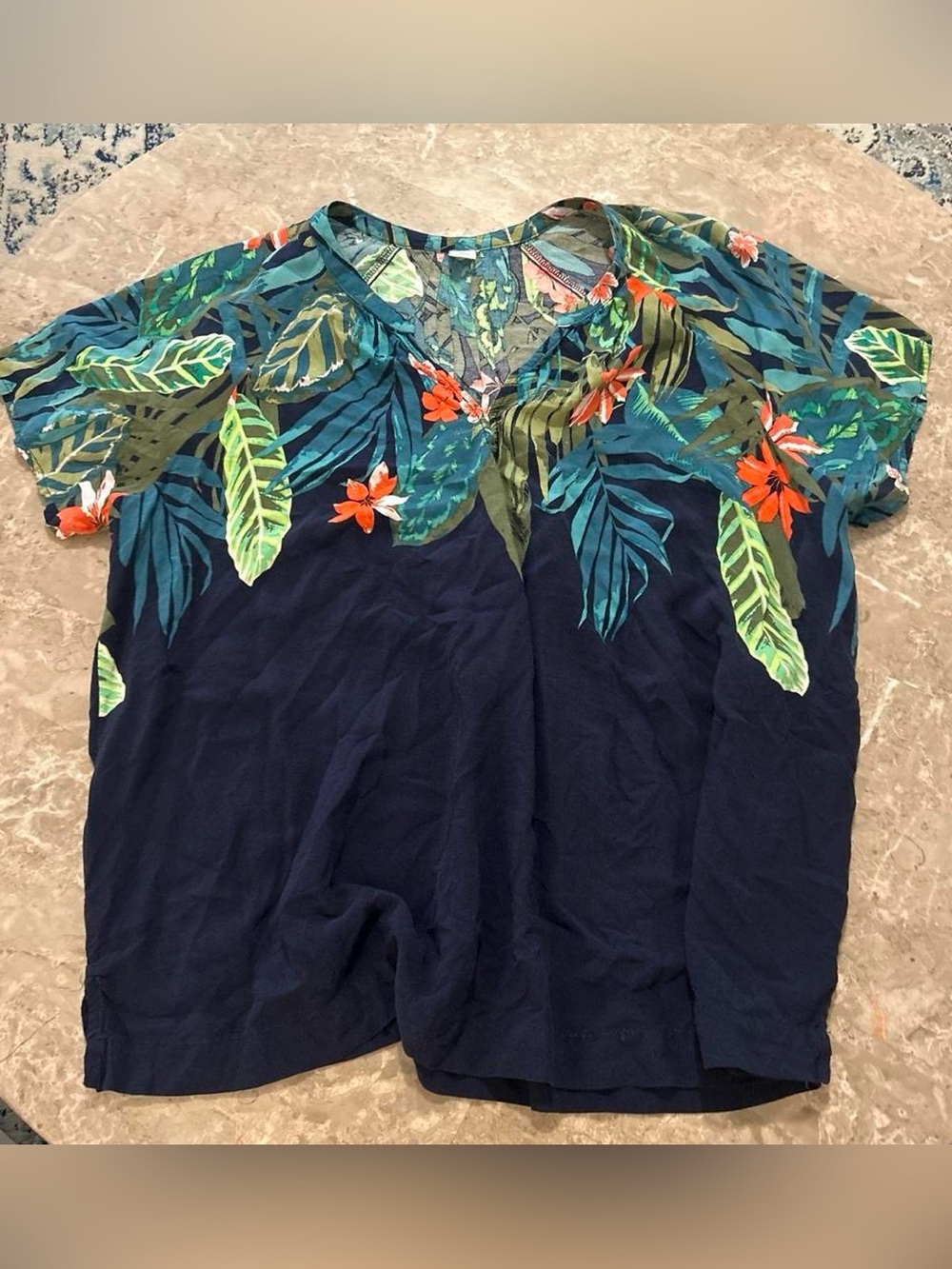 Old Navy Navy Blue Tropical Leaf Print V-Neck Top with Orange Flowers